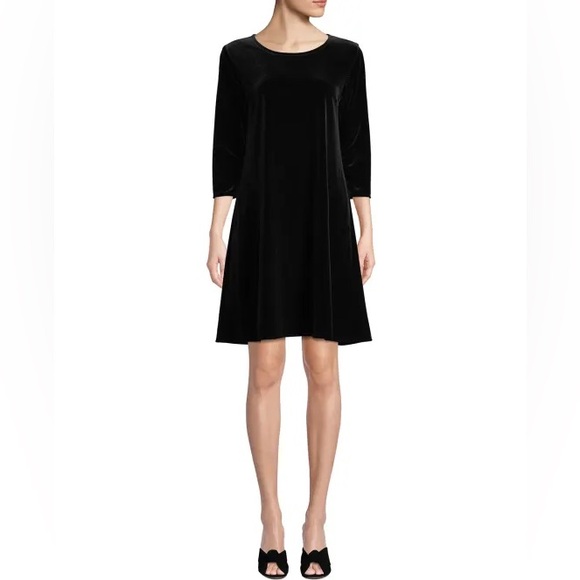 Caroline Rose Black Velvet Shift Dress A-Line 3/4 Sleeves Excellent Size M - Picture 1 of 6
